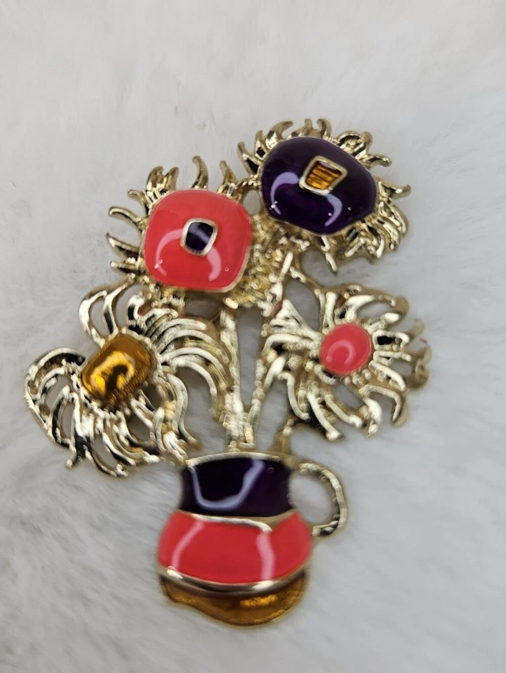 Gold-tone Floral Bouquet Pin with Coral and Purple Enamel